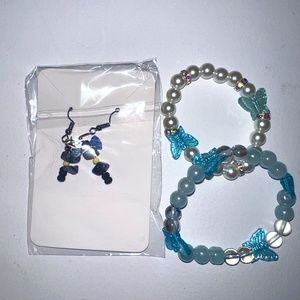 Handcrafted Blue, White, Black Earring and Bracelet Set